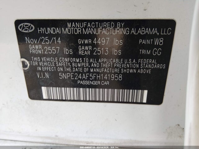 5NPE24AF5FH141958 Hyundai SONATA SE