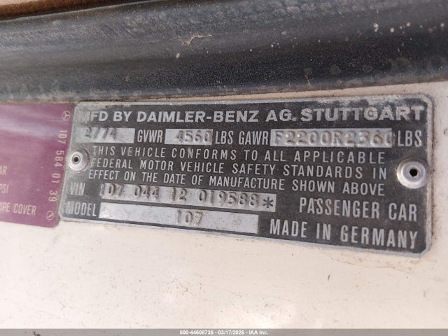 Продажа на аукционе авто 1974 Mercedes-benz 450sl, vin: 10704412019588, номер лота: 44608736