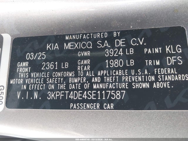 3KPFT4DE4SE117587 KIA K4 Lxs