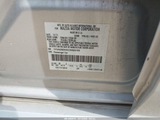 44608751 :رقم المزاد ، 1YVHZ8DHXC5M22155 vin ، 2012 Mazda Mazda6 I Touring مزاد بيع