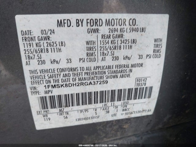 44608766 :رقم المزاد ، 1FMSK8DH2RGA37259 vin ، 2024 Ford Explorer Xlt مزاد بيع