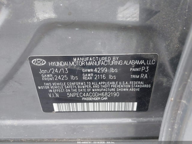 2013 Hyundai Sonata Limited მანქანა იყიდება აუქციონზე, vin: 5NPEC4AC0DH682190, აუქციონის ნომერი: 44608781