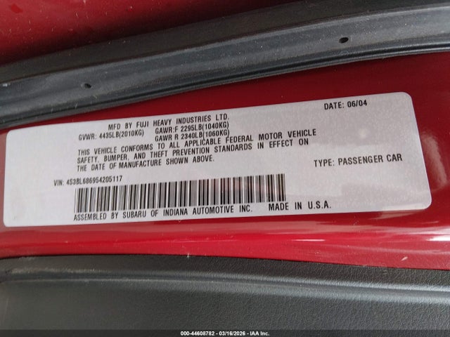 Aukcja sprzedaży 2005 Subaru Legacy 2.5gt, vin: 4S3BL686954205117, numer aukcji: 44608782