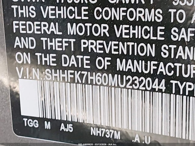 SHHFK7H60MU232044 Honda CIVIC EX