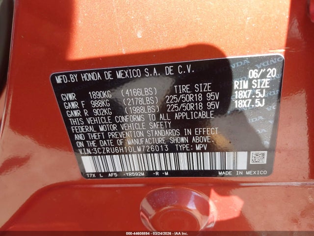 2020 Honda Hr-v Awd Sport მანქანა იყიდება აუქციონზე, vin: 3CZRU6H10LM726013, აუქციონის ნომერი: 44608894