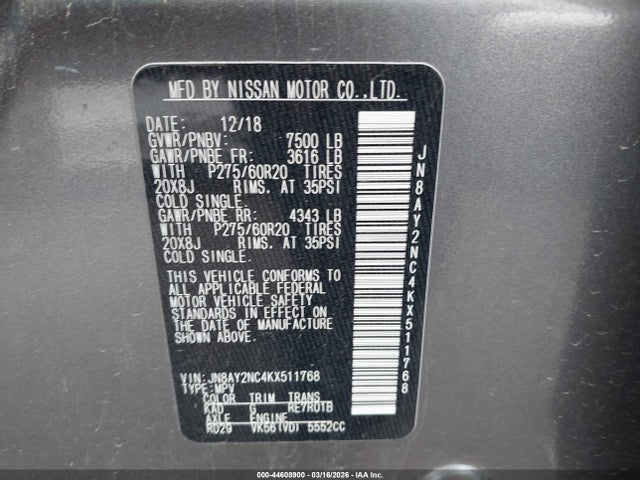 2019 Nissan Armada Sl მანქანა იყიდება აუქციონზე, vin: JN8AY2NC4KX511768, აუქციონის ნომერი: 44608900