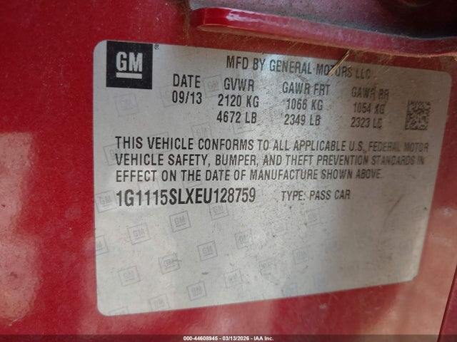 44608945 :رقم المزاد ، 1G1115SLXEU128759 vin ، 2014 Chevrolet Impala 1lt مزاد بيع