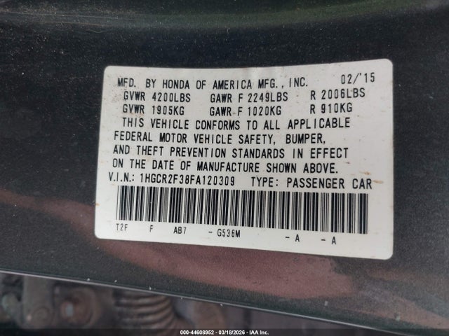 Honda ACCORD LX 2015 1HGCR2F38FA120309 Image 9