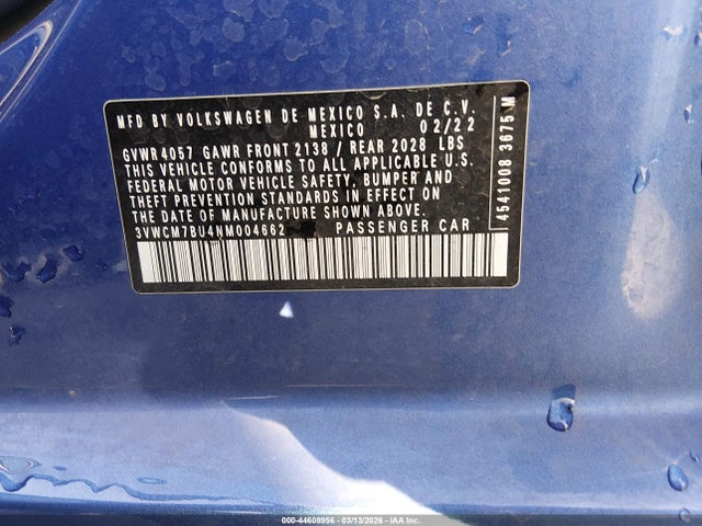 44608956 :رقم المزاد ، 3VWCM7BU4NM004662 vin ، 2022 Volkswagen Jetta 1.5t S مزاد بيع