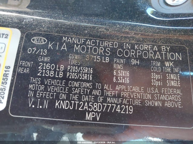 44608960 :رقم المزاد ، KNDJT2A58D7774219 vin ، 2013 Kia Soul مزاد بيع