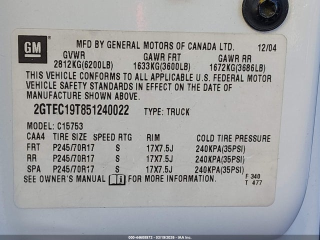 Продаж на аукціоні авто 2005 Gmc Sierra 1500 Sle, vin: 2GTEC19T851240022, номер лоту: 44608972