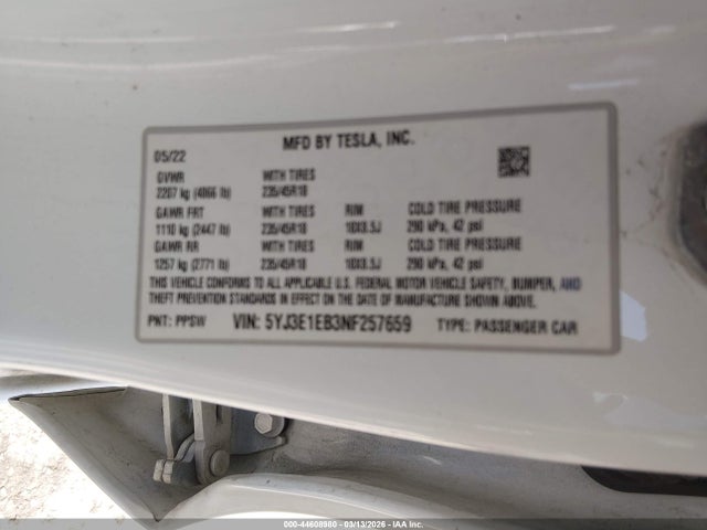 44608980 :رقم المزاد ، 5YJ3E1EB3NF257659 vin ، 2022 Tesla Model 3 Long Range Dual Motor All-wheel Drive مزاد بيع