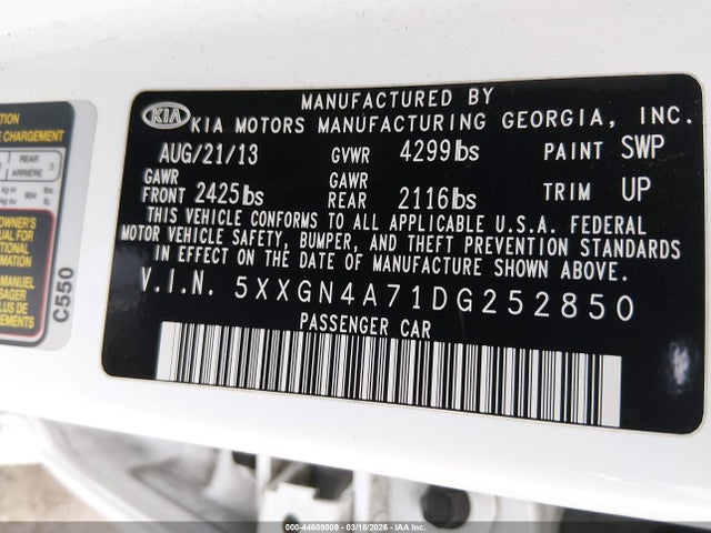44609009 :رقم المزاد ، 5XXGN4A71DG252850 vin ، 2013 Kia Optima Ex مزاد بيع