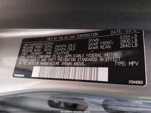 Aukcja sprzedaży 2012 Volvo Xc60 3.2/3.2 Platinum/3.2 Premier/3.2 Premier Plus, vin: YV4952DZ5C2322541, numer aukcji: 44609010