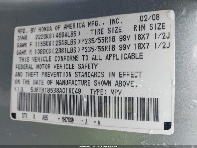 2008 ACURA RDX 5J8TB18538A016049 Photo 8