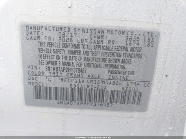 44609032 :رقم المزاد ، 3N1AB7AP2HY378487 vin ، 2017 Nissan Sentra Sr مزاد بيع