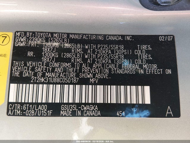 44609036 :رقم المزاد ، 2T2HK31U88C050187 vin ، 2008 Lexus Rx 350 مزاد بيع