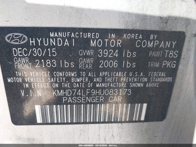 KMHD74LF9HU083173 Hyundai ELANTRA SE