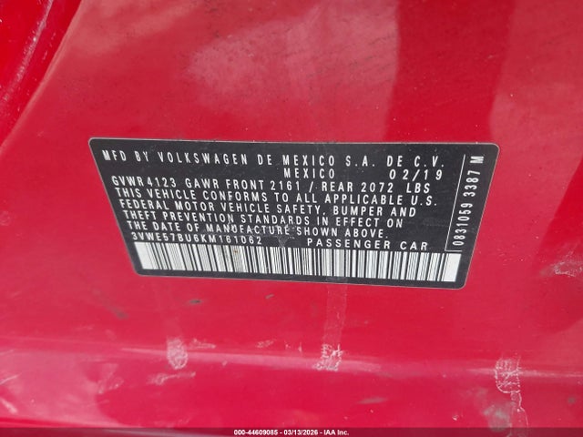2019 Volkswagen Jetta 1.4t Sel მანქანა იყიდება აუქციონზე, vin: 3VWE57BU6KM161062, აუქციონის ნომერი: 44609085