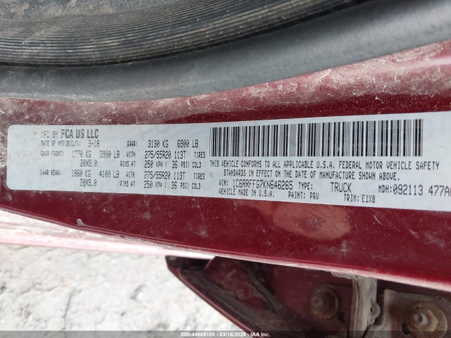 44609108 :رقم المزاد ، 1C6RRFFG7KN646265 vin ، 2019 Ram 1500 Big Horn/lone Star  4x4 5'7 Box مزاد بيع