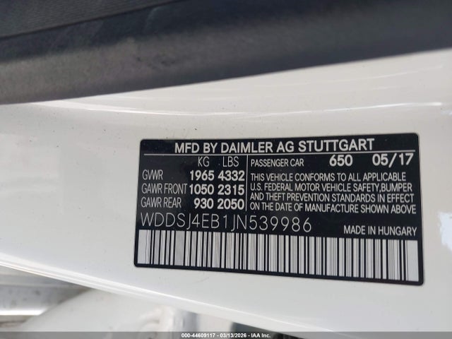 Aukcja sprzedaży 2018 Mercedes-benz Cla 250, vin: WDDSJ4EB1JN539986, numer aukcji: 44609117