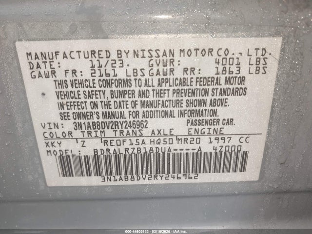 Aukcja sprzedaży 2024 Nissan Sentra Sr Xtronic Cvt, vin: 3N1AB8DV2RY246962, numer aukcji: 44609123