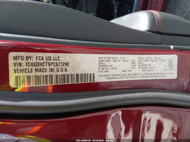 2023 Dodge Durango R/t Plus Rwd მანქანა იყიდება აუქციონზე, vin: 1C4SDHCT9PC671290, აუქციონის ნომერი: 44609126