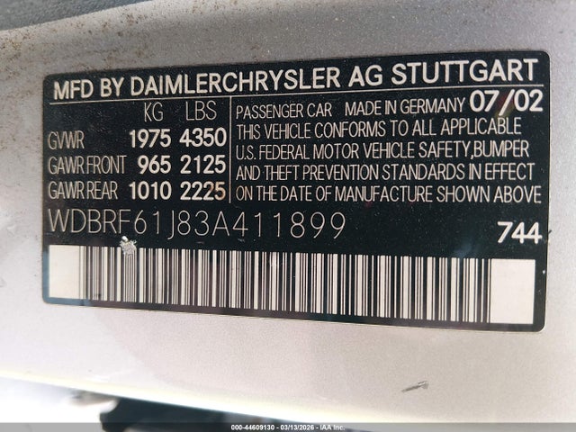 Продаж на аукціоні авто 2003 Mercedes-benz C 240, vin: WDBRF61J83A411899, номер лоту: 44609130