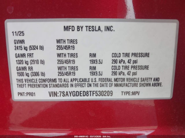 7SAYGDED8TF530209 Tesla Model Y