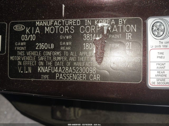 44609165 :رقم المزاد ، KNAFU4A28A5230098 vin ، 2010 Kia Forte Ex مزاد بيع