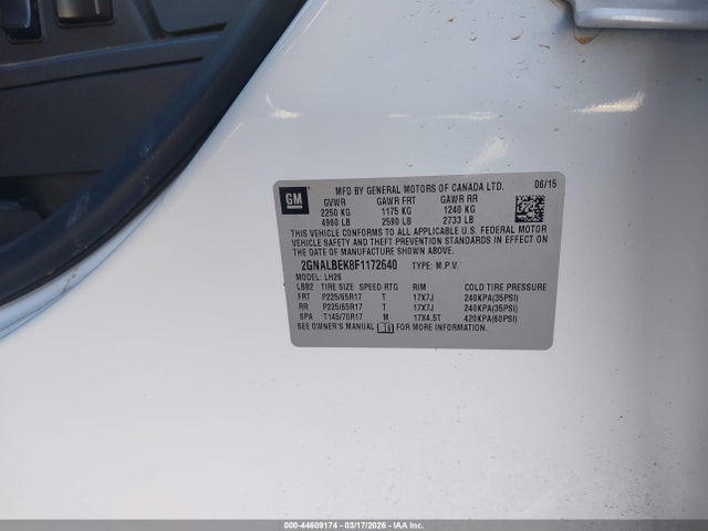 2015 Chevrolet Equinox 1lt მანქანა იყიდება აუქციონზე, vin: 2GNALBEK8F1172640, აუქციონის ნომერი: 44609174