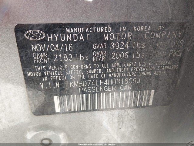 KMHD74LF4HU318093 Hyundai ELANTRA SE