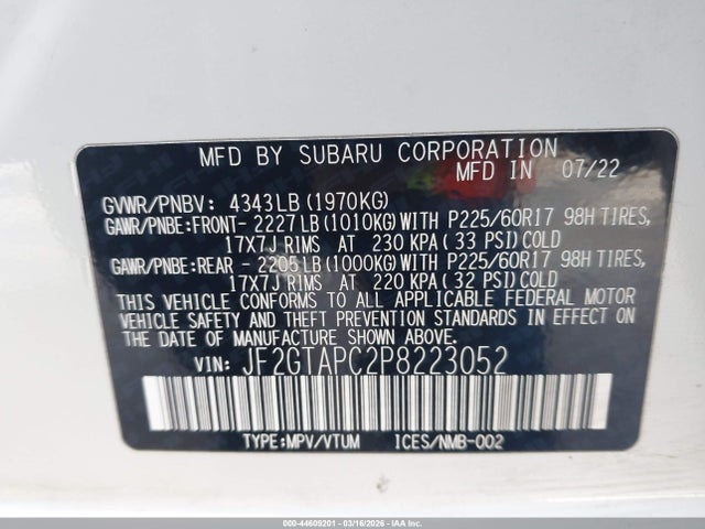 Aukcja sprzedaży 2023 Subaru Crosstrek Premium, vin: JF2GTAPC2P8223052, numer aukcji: 44609201