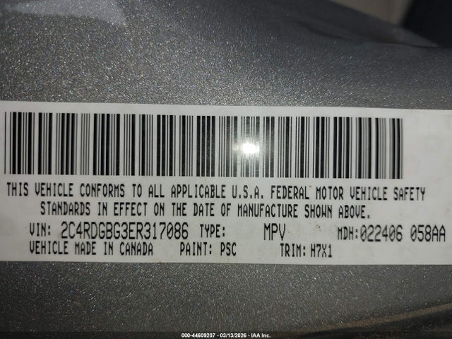 44609207 :رقم المزاد ، 2C4RDGBG3ER317086 vin ، 2014 Dodge Grand Caravan American Value Pkg مزاد بيع