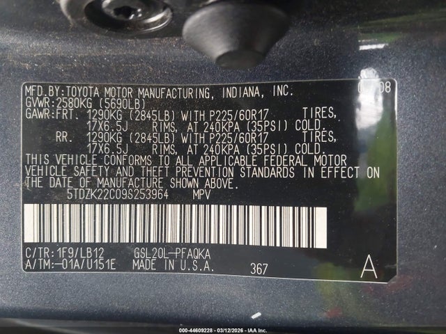 2009 TOYOTA SIENNA 5TDZK22C09S253964 Photo 8