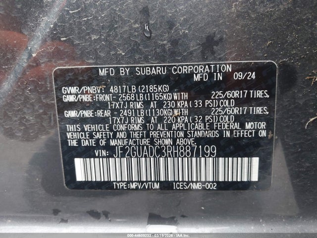 Aukcja sprzedaży 2024 Subaru Crosstrek Premium, vin: JF2GUADC3RH887199, numer aukcji: 44609233