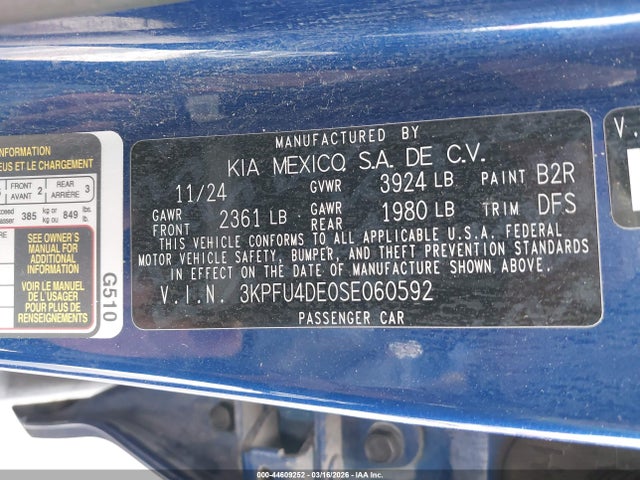 Продажа на аукционе авто 2025 Kia K4 Ex, vin: 3KPFU4DE0SE060592, номер лота: 44609252