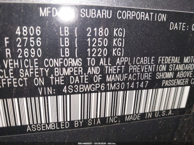 Aukcja sprzedaży 2021 Subaru Legacy Touring Xt, vin: 4S3BWGP61M3014147, numer aukcji: 44609257