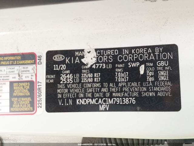 44609258 :رقم المزاد ، KNDPMCAC1M7913876 vin ، 2021 Kia Sportage Lx مزاد بيع