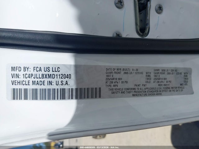2021 Jeep Cherokee Altitude Fwd მანქანა იყიდება აუქციონზე, vin: 1C4PJLLBXMD112040, აუქციონის ნომერი: 44609309