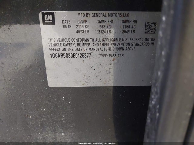 44609311 :رقم المزاد ، 1G6AR5S30E0125377 vin ، 2014 Cadillac Cts Luxury مزاد بيع