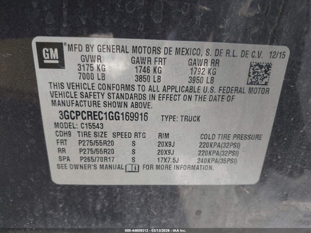3GCPCREC1GG169916 Chevrolet Silverado 1500 1lt