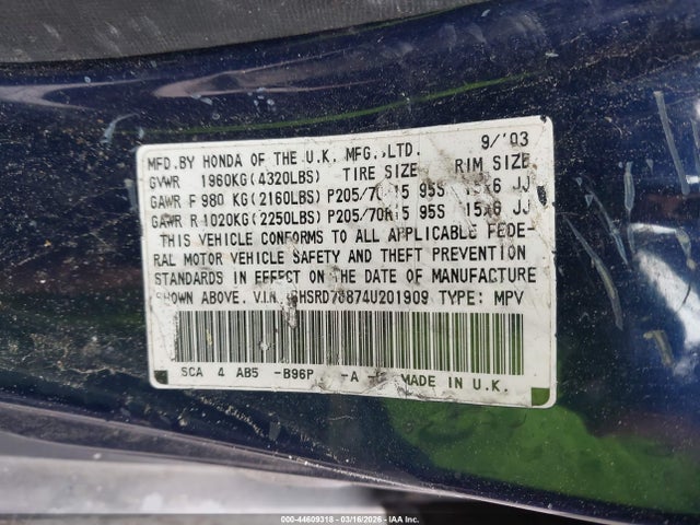 2004 HONDA CR-V SHSRD78874U201909 Photo 8