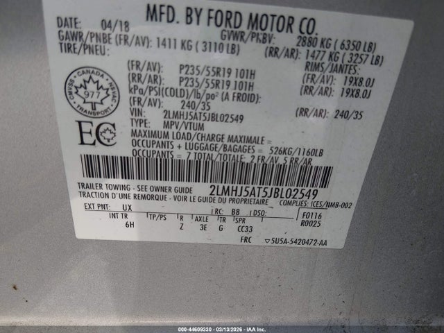 44609330 :رقم المزاد ، 2LMHJ5AT5JBL02549 vin ، 2018 Lincoln Mkt Elite مزاد بيع