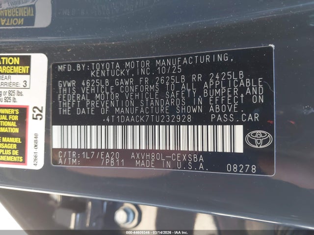 44609346 :رقم المزاد ، 4T1DAACK7TU232928 vin ، 2026 Toyota Camry Se مزاد بيع