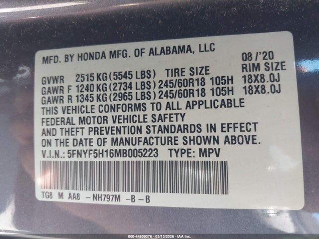 Honda Pilot 2wd Lx 2021 5FNYF5H16MB005223 Image 9