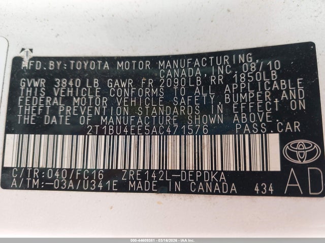 Продаж на аукціоні авто 2010 Toyota Corolla Le, vin: 2T1BU4EE5AC471576, номер лоту: 44609381