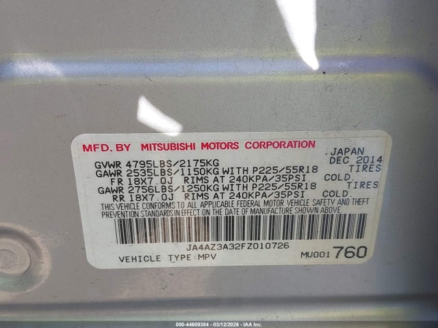 Продаж на аукціоні авто 2015 Mitsubishi Outlander Se, vin: JA4AZ3A32FZ010726, номер лоту: 44609384