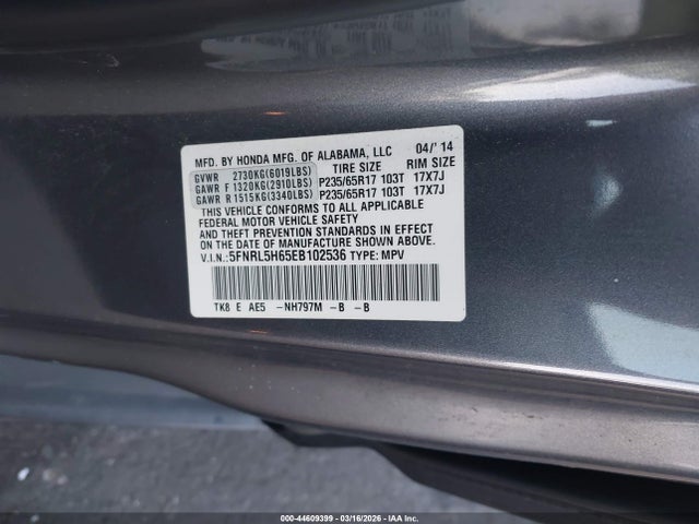 Honda Odyssey Ex-l 2014 5FNRL5H65EB102536 Image 9