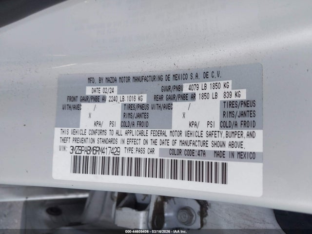 2024 Mazda Mazda3 2.5 S Select Sport მანქანა იყიდება აუქციონზე, vin: 3MZBPABM6RM417429, აუქციონის ნომერი: 44609406